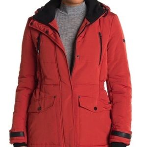 Lucky Brand Long Hooded Quilted Jacket Coat Red Small NWT
